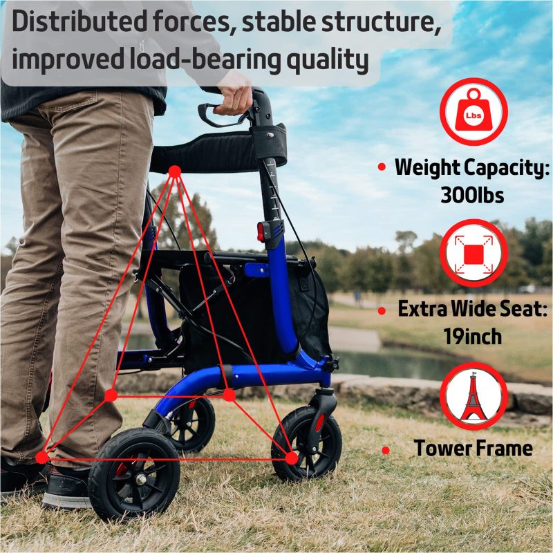 Henmnii Rollator Walker for Seniors, Lightweight Foldable All Terrain Rolling Walker with seat, Aluminum Walkers with 8 inch Rubber Wheels, Handles and Backrest for Seniors and Adult - Image 5