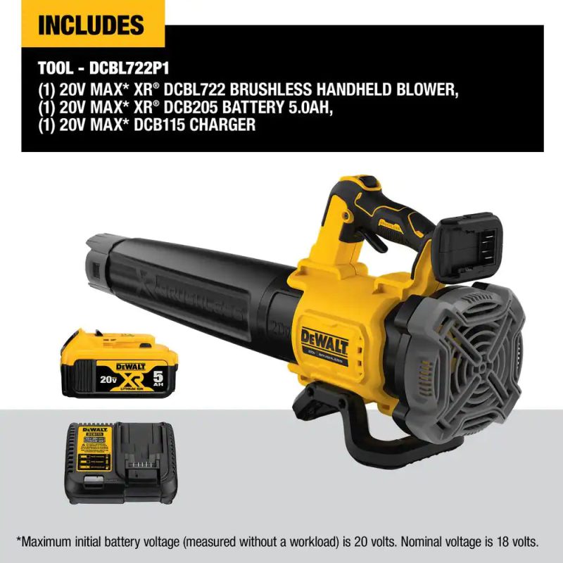 DEWALT DCBL722P1 20V MAX 125 Mph 450 CFM Brushless Cordless Battery Powered Handheld Leaf Blower with (1) 5Ah Battery and Charger - Image 3