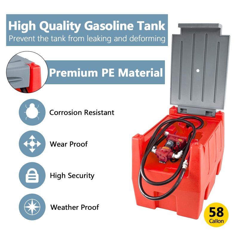 TECSPACE 58 Gallon Gasoline Tank, Portable Fuel Tank with 12V Electric Fuel Transfer Pump, 40 GPM Gasoline Fuel Tank with 4 Meters Hose for Gasoline & Diesel Transportation (Red, 58 gal) - Image 6