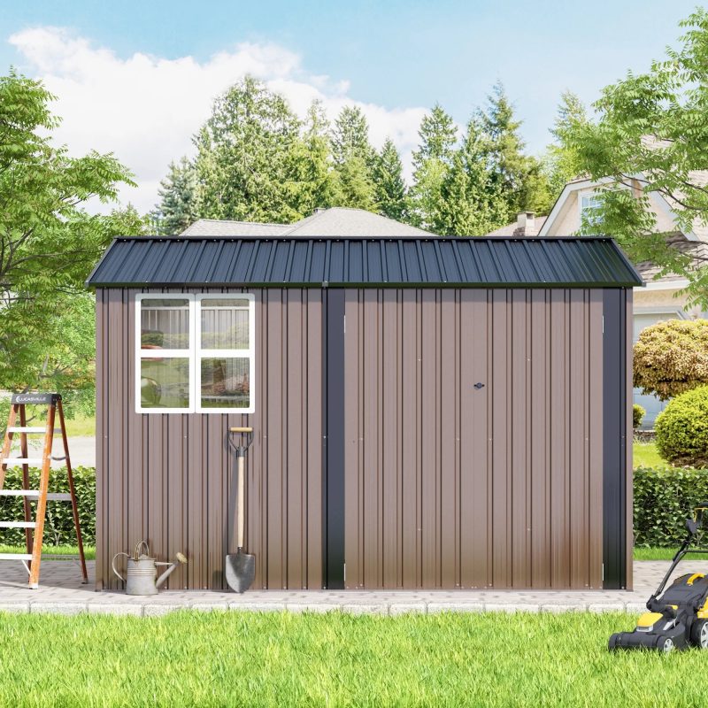 JAXPETY 10 x 10 ft Outdoor Metal Storage Shed with Window & Lockable Door for Garden, Backyard, Tool Storage Use, Brown - Image 11