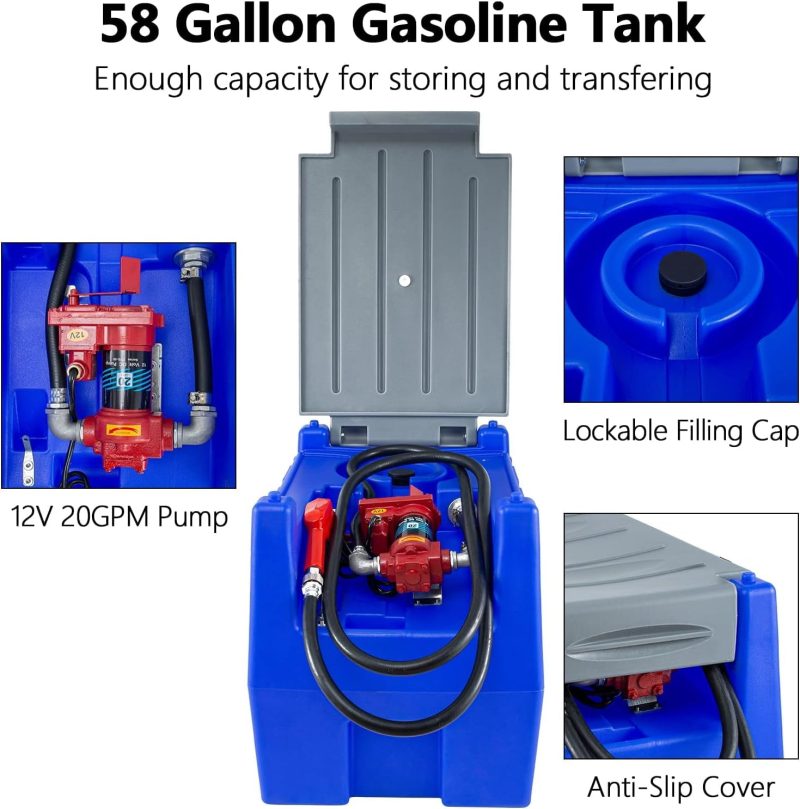 TECSPACE 58 Gallon Gasoline Tank, Portable Fuel Tank with 12V Electric Fuel Transfer Pump, 40 GPM Gasoline fuel Tank with 4 Meters Hose for Gasoline Transportation (Blue, 58 gal) - Image 3