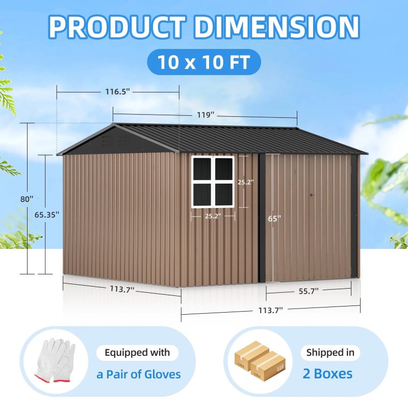 JAXPETY 10 x 10 ft Outdoor Metal Storage Shed with Window & Lockable Door for Garden, Backyard, Tool Storage Use, Brown - Image 3