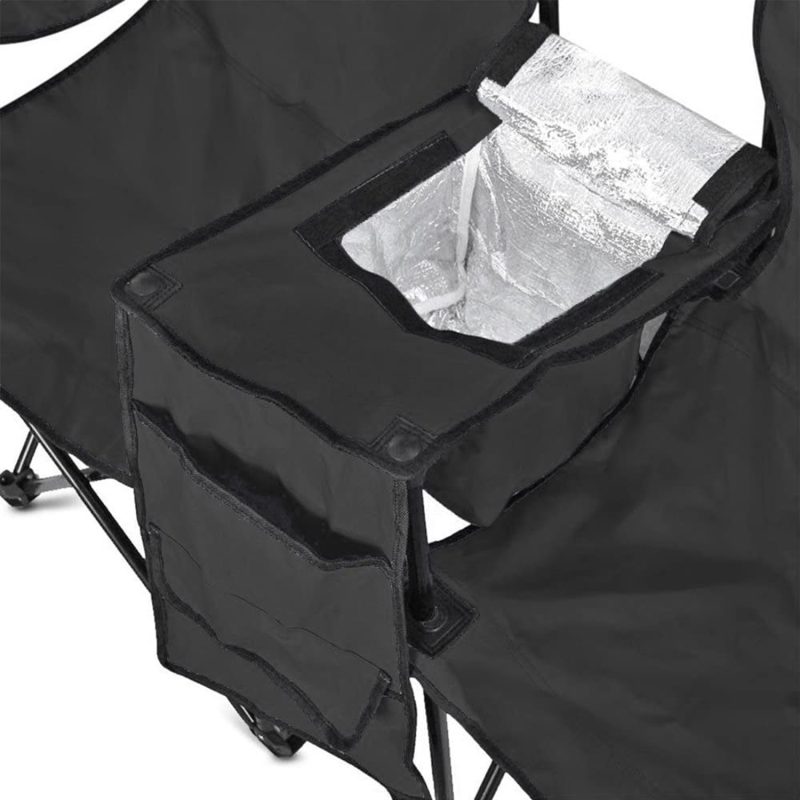 GoTeam Double Folding Camping Chair Set w/ Shade Umbrella & Cooler Bag, Black - Image 5