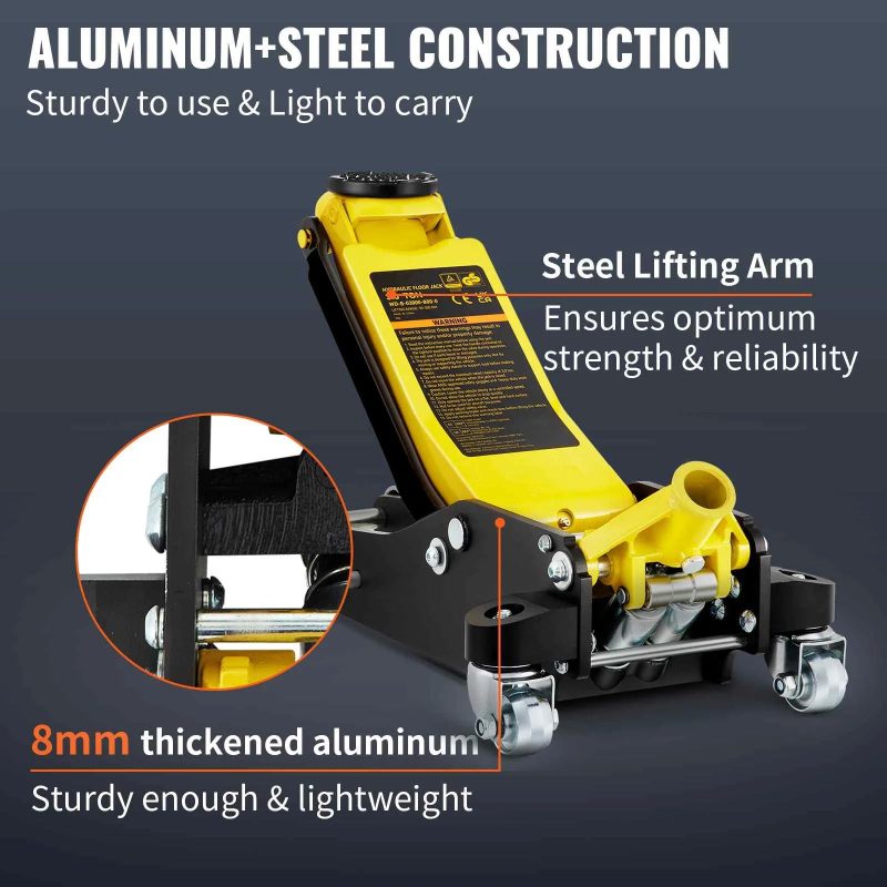 BENTISM Low Profile Floor Jack 3 Ton (6600 lbs), Aluminum and Steel Hydraulic Racing Floor Jack, Dual Piston Quick Lift Pump, 19-11/16"-3-6/11" Height Lifting Range, Yellow+Black - Image 4