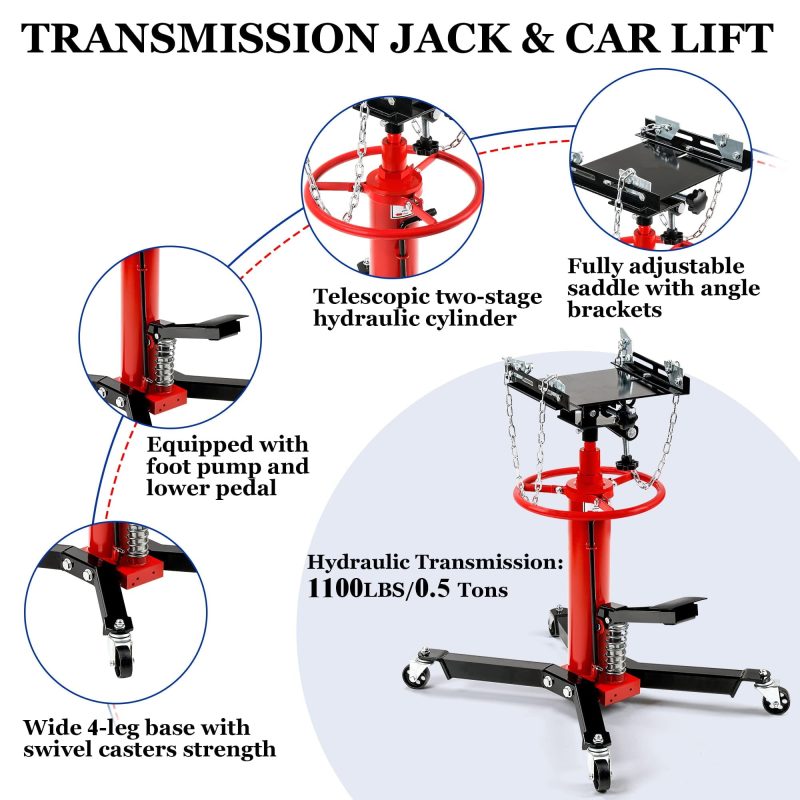 Transmission Jack, 1,100 lbs Capacity Garage Shop Telescoping Hydraulic Jack, Transmission Jack High Lift 2 Stage Adjustable Transmission Floor Jack, 360° Swivel Wheel Lift Hoist for Car Lift - Image 2