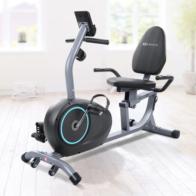 MARNUR Recumbent Exercise Bike with 8 Levels Adjustable Resistance, LCD Monitor, Pad Holder, Wheels