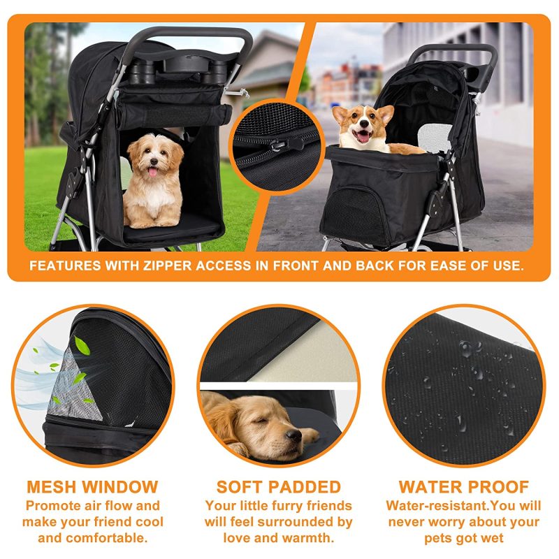 Pet Stroller 4 Wheels Dog Cat Stroller for Small Medium Dog Cats Carrier Jogger Travel Foldable Puppy Stroller with Storage Basket and Cup Holder - Image 6