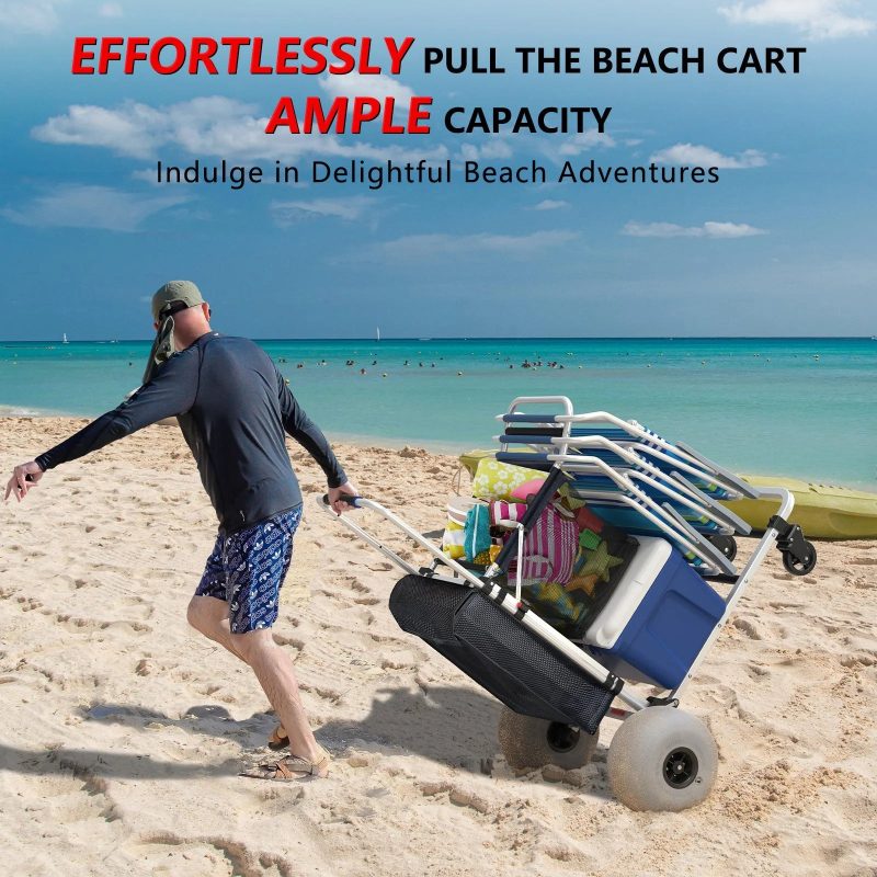 GDLF Foldable Beach Cart with Adjustable Handle and 12" Balloon Wheels, Heavy Duty Aluminum 220LBS Capacity - Image 2