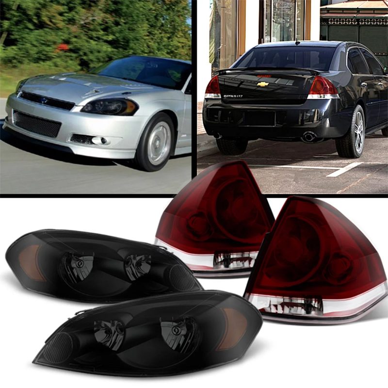 AKKON - Black Smoked Headlights + Dark Red Smoke Tail Lamp Fits 2006-2013 Chevy Impala 2014-2016 Impala Limited Pair LH+RH