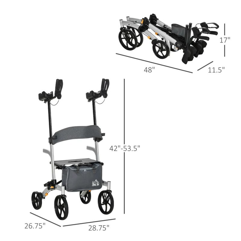 HOMCOM Aluminum Forearm Rollator Walker for Seniors and Adults with 10'' Wheels Seat and Backrest Folding Upright Walker with Adjustable Handle Height and Removable Storage Bag Silver - Image 3