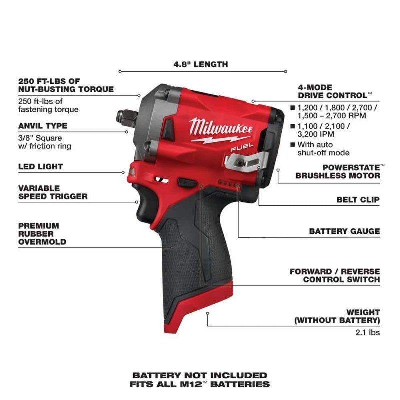 M12 FUEL 12-Volt Lithium-Ion Brushless Cordless Stubby 3/8 in. Impact Wrench Kit with (1) High Output 5.0 Ah Battery 2554-21HO - Image 3