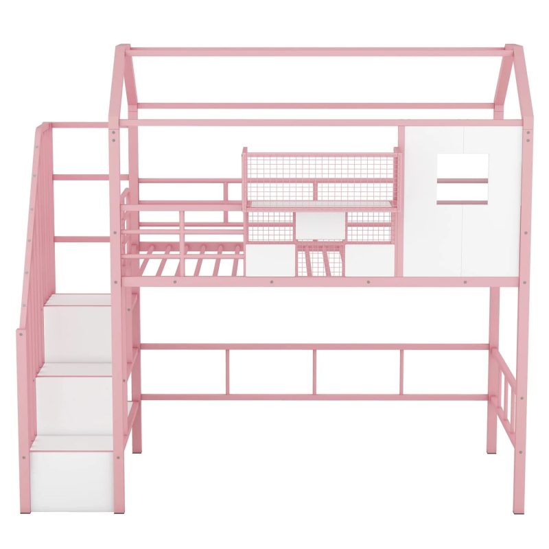 Pink Twin Metal Loft Bed with Unique Roof Design and Convenient Storage Box for Kids‘ Bedroom. Add Charm and Style to Your Child‘s Room with this Space-saving and Chic Furniture Piece. - Image 6