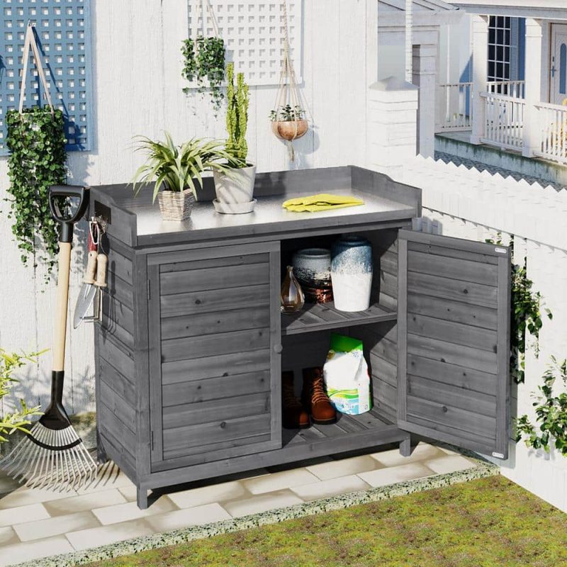 cenadinz Outdoor 39 in. Potting Bench Table, Rustic Garden Wood Workstation Storage Cabinet Garden Shed H-WF285324AAE - Image 5