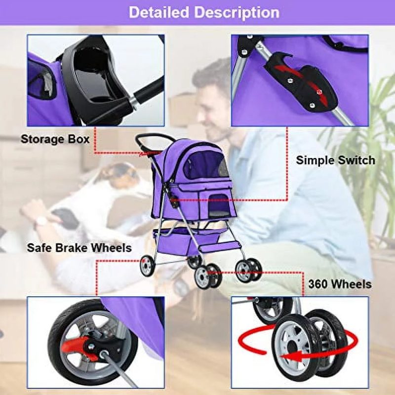 BestPet, Cat Carrier Stroller, 4 Wheels, Purple - Image 7