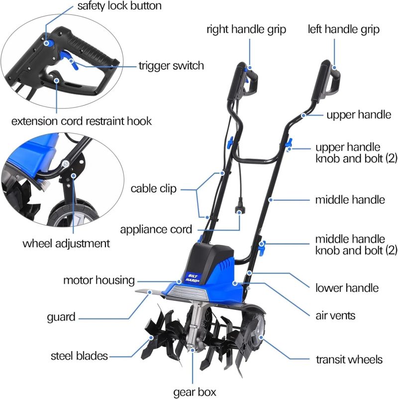 BILT HARD Tiller Cultivator 16 inch, 13.5 Amp 6 Steel Tines Electric Garden Rototiller with Adjustable Wheels - Image 7