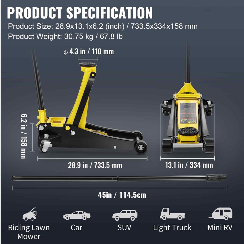 BENTISM Low Profile Floor Jack 2.5 Ton (5500 lbs), Aluminum and Steel Hydraulic Racing Floor Jack, Dual Piston Quick Lift Pump, 3.64""-19.49"" Height Lifting Range, Yellow+Black - Image 7