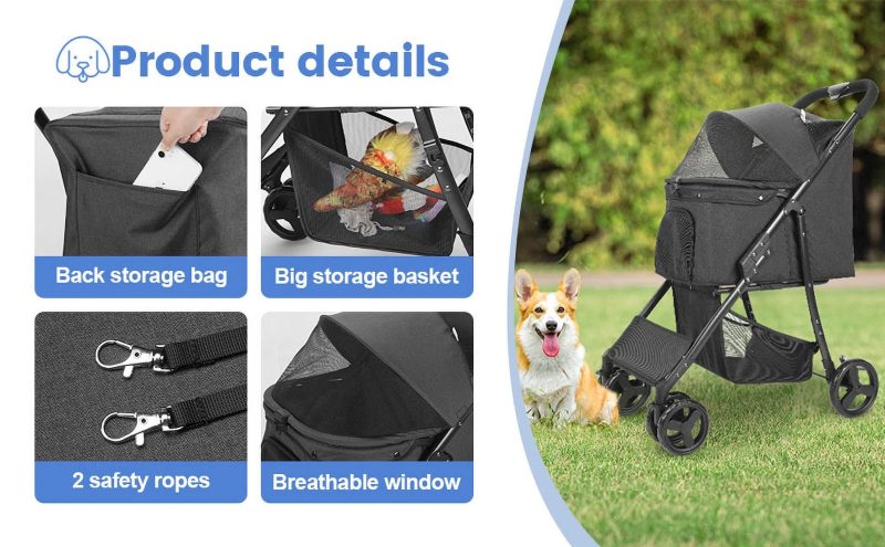 4 Wheel Dog Stroller, Wedyvko Foldable Pet Stroller with Storage Basket for Small Medium Dogs & Cats (Black) - Image 8