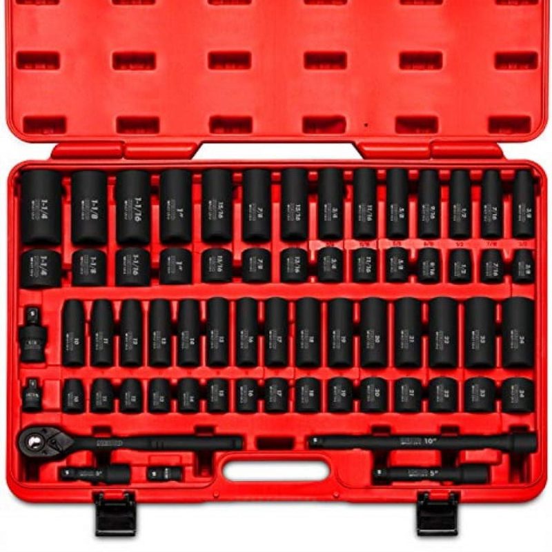 NEIKO 02448A 1/2" Drive Master Impact Socket Set, 65 Piece, Standard SAE (3/8"-1-1/4") & Metric (10-24 mm) Sizes, Deep & Shallow Kit, Includes Adapters & Ratchet Handle