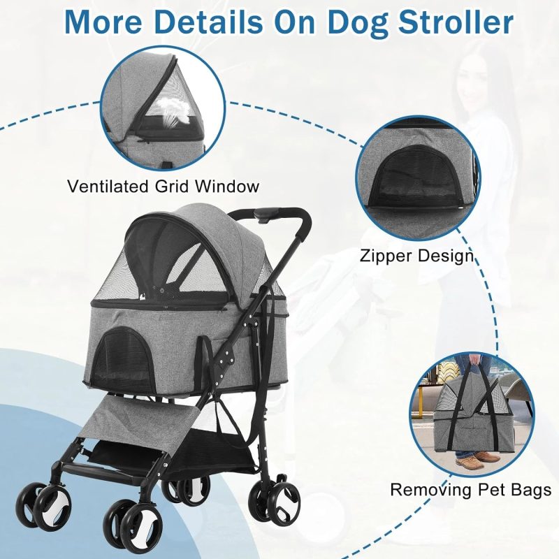 Dkeli 4 Wheels Dog Stroller Folding Pet Stroller Cat Stroller for Medium Dogs with Detachable Carrier, Grey - Image 3