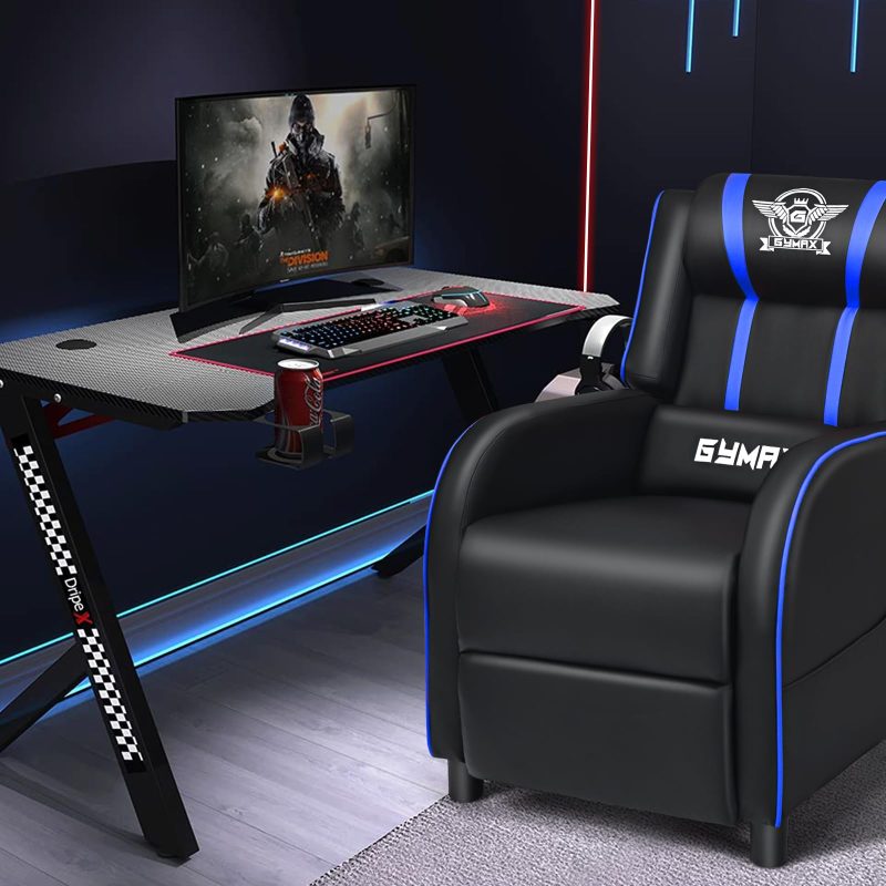 GYMAX Gaming Recliner, Massage Gaming Chair w/Adjustable Footrest, Remote Control & Side Pocket, Ergonomic Game Lounge Chair, Racing Style Single Theater Seat Game Sofa for Adults (Blue) - Image 2