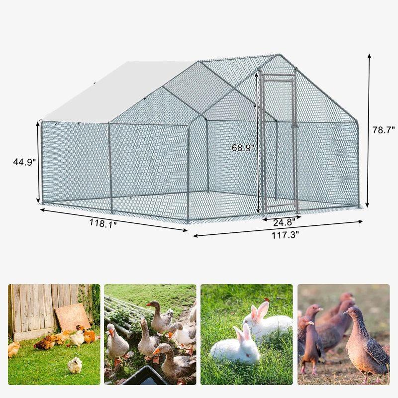 10 x 10 ft Large Metal Chicken Coop, Walk-in Poultry Cage Chicken Hen Run House with Waterproof Cover, Rabbits Cats Dogs Farm Pen for Outdoor Backyard Farm Garden - Image 3