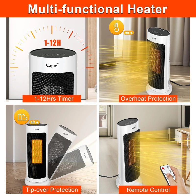 Caynel Oscillating Tower Ceramic Heaters for Home, Electric Space Heater with Thermostat 12-Hour Timer, 1500W, White - Image 5