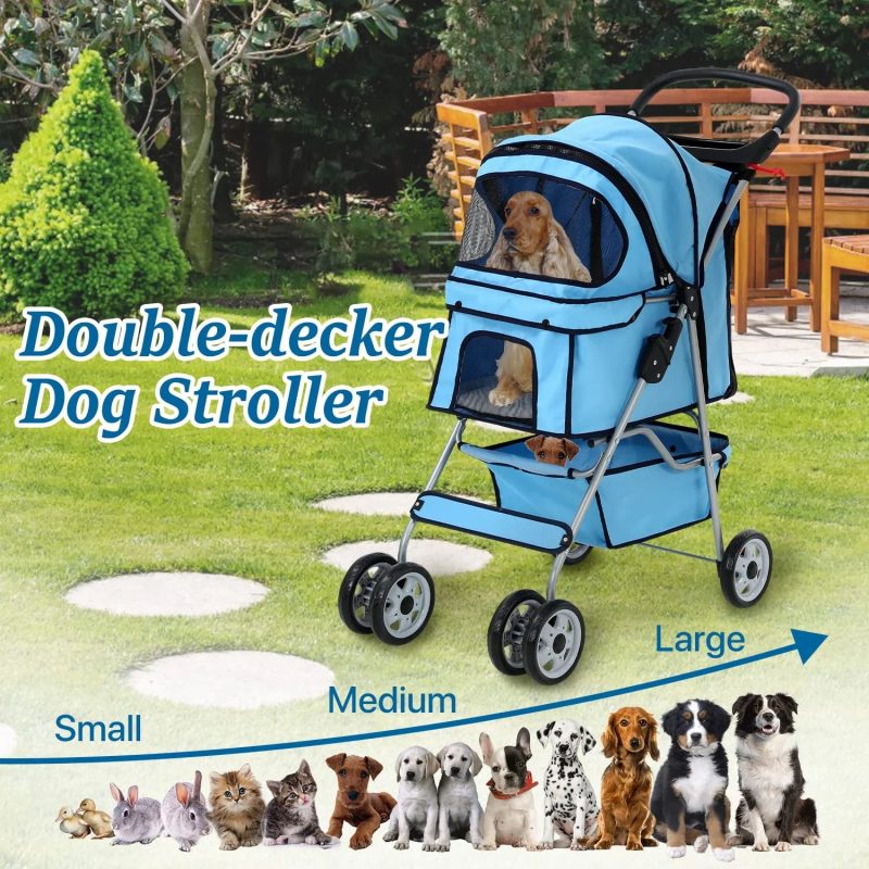 Dkelincs 4 Wheels Pet Stroller Folding Dog Cat Stroller Travel Carrier with Cup Holder & Storage Basket, Blue - Image 4