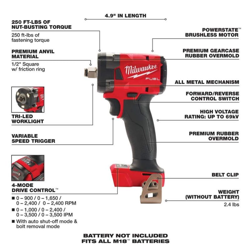 M18 FUEL GEN-3 18V Lithium-Ion Brushless Cordless 1/2 in. Compact Impact Wrench with Friction Ring (Tool-Only) 2855-20 - Image 3