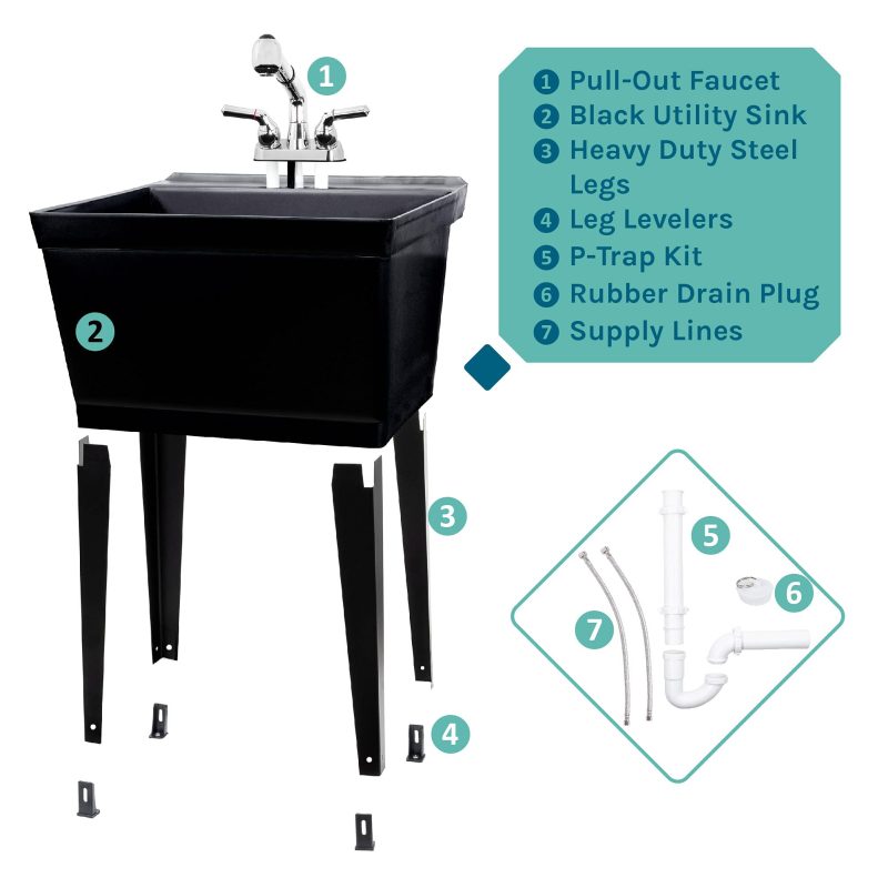 Black Utility Sink Laundry Tub With Pull Out Chrome Faucet, Sprayer Spout, Heavy Duty Slop Sinks For Washing Room, Basement, Garage or Shop, Large Free Standing Wash Station Tubs and Drainage (Black) - Image 9