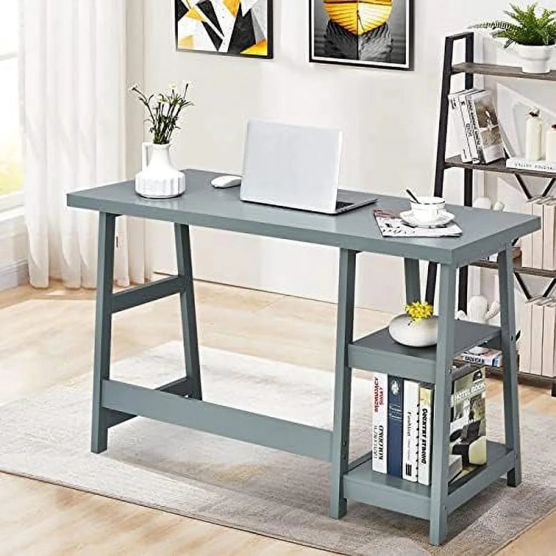 ASDRFYU Computer Desk with Shelves Modern Trestle Desk Home Office Desk with Space Saving Study Writing Desk Desk for Bedroom - Image 4