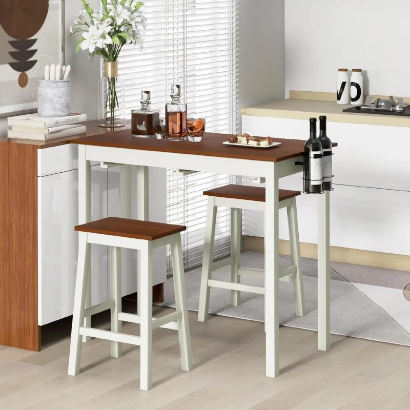 3-Piece Bar Table Set - Counter Height Pub Table w/ 2 Stools, 2 Wine Holders, Rubber Wooden Legs, Space-Saving Dinette Table Set for Bar, Kitchen, Living Room, Cream White & Walnut - Image 2