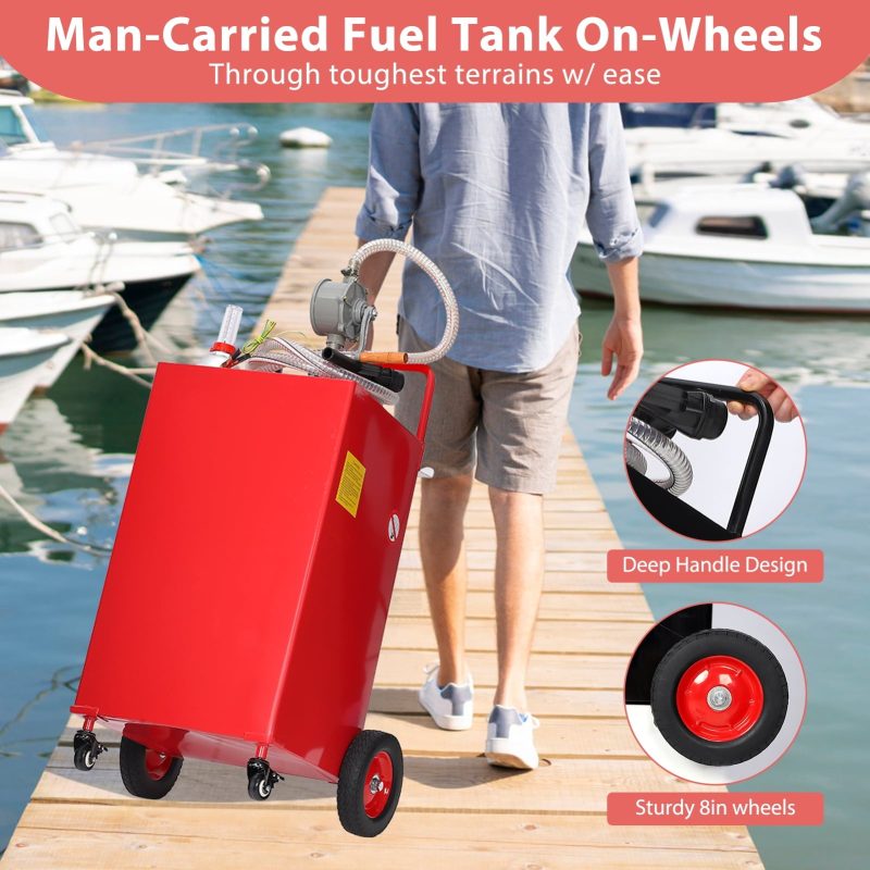 Fuel Caddy, 35 Gallon Portable Stainless Steel Gas Storage Tank On 4 Wheels with Manual Transfer Pump, Gasoline Diesel Fuel Container with Siphon Pump, for Cars Lawn Mowers ATVs Boats - Image 6