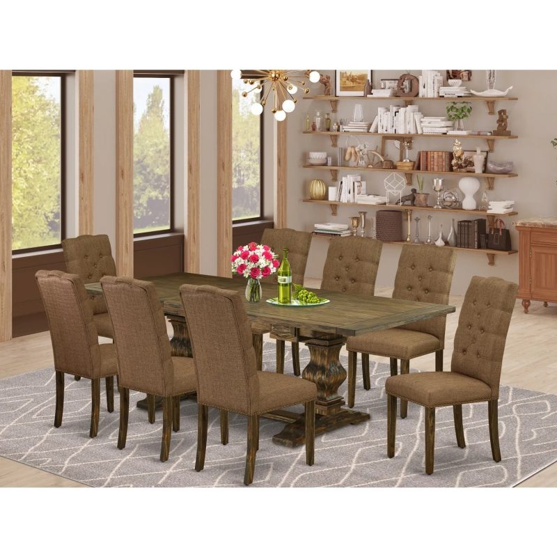 HomeStock Sophisticated Simplicity s Modern Dining Table Set 9-Pc With ChairS Legs And Brown Beige Linen Fabric Parson Chairs And Rectangular Table - Distressed Jacobean Finish