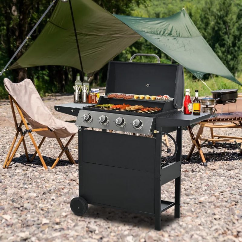 SEGMART 4 Burner BBQ Propane Gas Grill, Stainless Steel 34,200 BTU Patio Garden Barbecue Grill with Two Foldable Shelves & Thermometer, Perfect for Camping, Outdoor Cooking