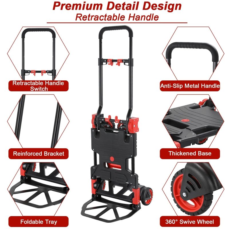 LAZY BUDDY Folding Hand Truck Dolly, 2-in-1 Heavy-duty Platform Cart with 22" Folding Basket, Collapsible Utility Luggage Dolly Cart, Red, 330LBS - Image 2