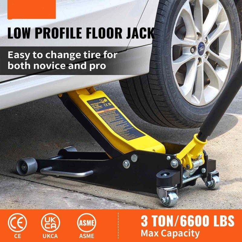 BENTISM Low Profile Floor Jack 3 Ton (6600 lbs), Aluminum and Steel Hydraulic Racing Floor Jack, Dual Piston Quick Lift Pump, 19-11/16"-3-6/11" Height Lifting Range, Yellow+Black - Image 2