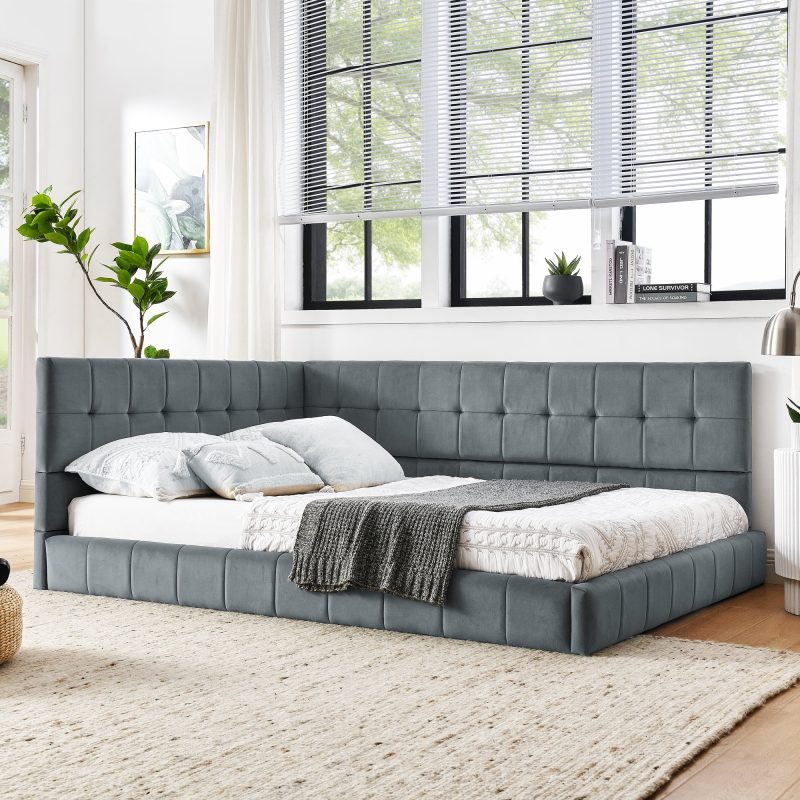 Full Size Upholstered Tufted Bed Frame with Comfortable Backrest and Armrests, Velvet Sofa Bed for Bedroom or Living Room, Grey (80.5'' x 59'' x 30.5'') - Image 2