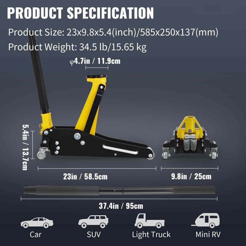 BENTISM Low Profile Floor Jack 1.5 Ton (3300 lbs), Aluminum and Steel Hydraulic Racing Floor Jack, Dual Piston Quick Lift Pump, 3-3/20" - 14-10/27" Height Lifting Range, Yellow+Black - Image 7